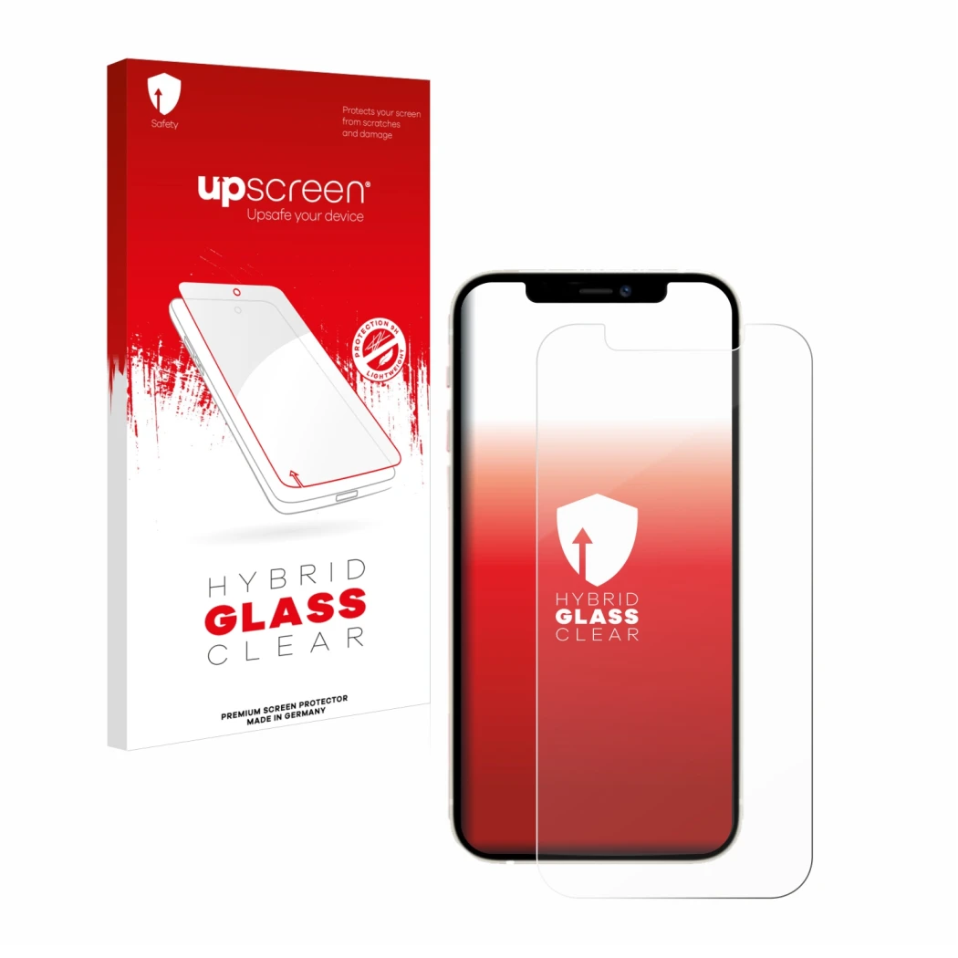 Parte frontal de un envase de producto con el logotipo de la marca upscreen. Al lado se muestra el dispositivo Apple iPhone 12