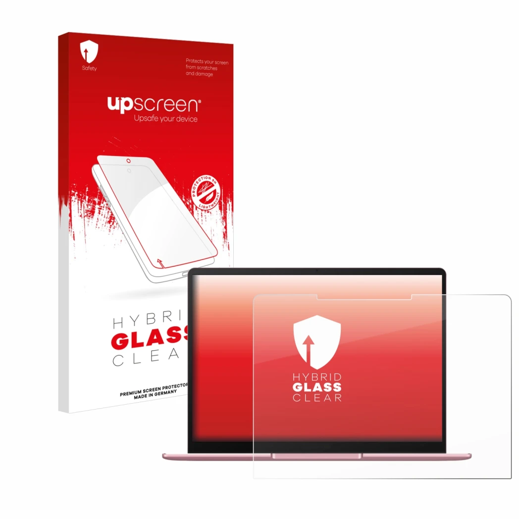 Parte frontal de un envase de producto con el logotipo de la marca upscreen. Al lado se muestra el dispositivo Huawei MateBook