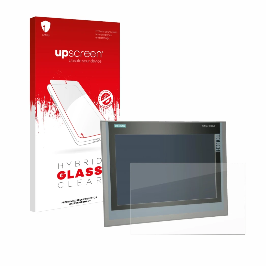 Parte frontal de un envase de producto con el logotipo de la marca upscreen. Al lado se muestra el dispositivo Siemens Simatic