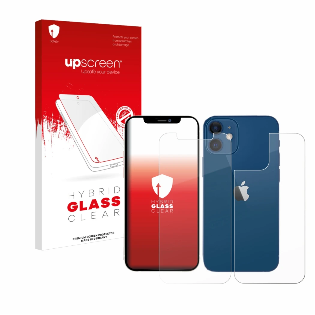 Parte frontal de un envase de producto con el logotipo de la marca upscreen. Al lado se muestra el dispositivo Apple iPhone 12
