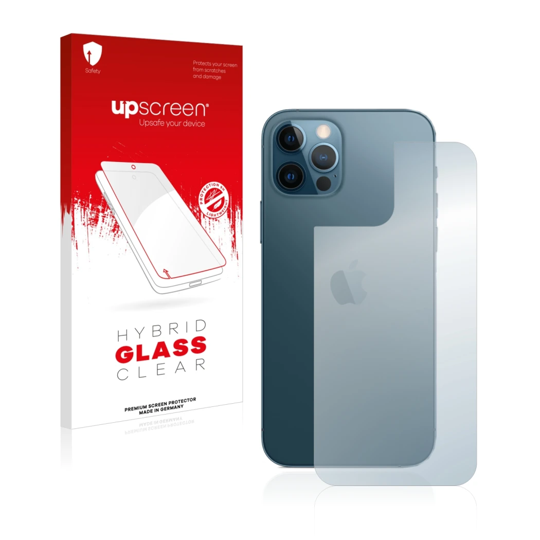 Parte frontal de un envase de producto con el logotipo de la marca upscreen. Al lado se muestra el dispositivo Apple iPhone 12