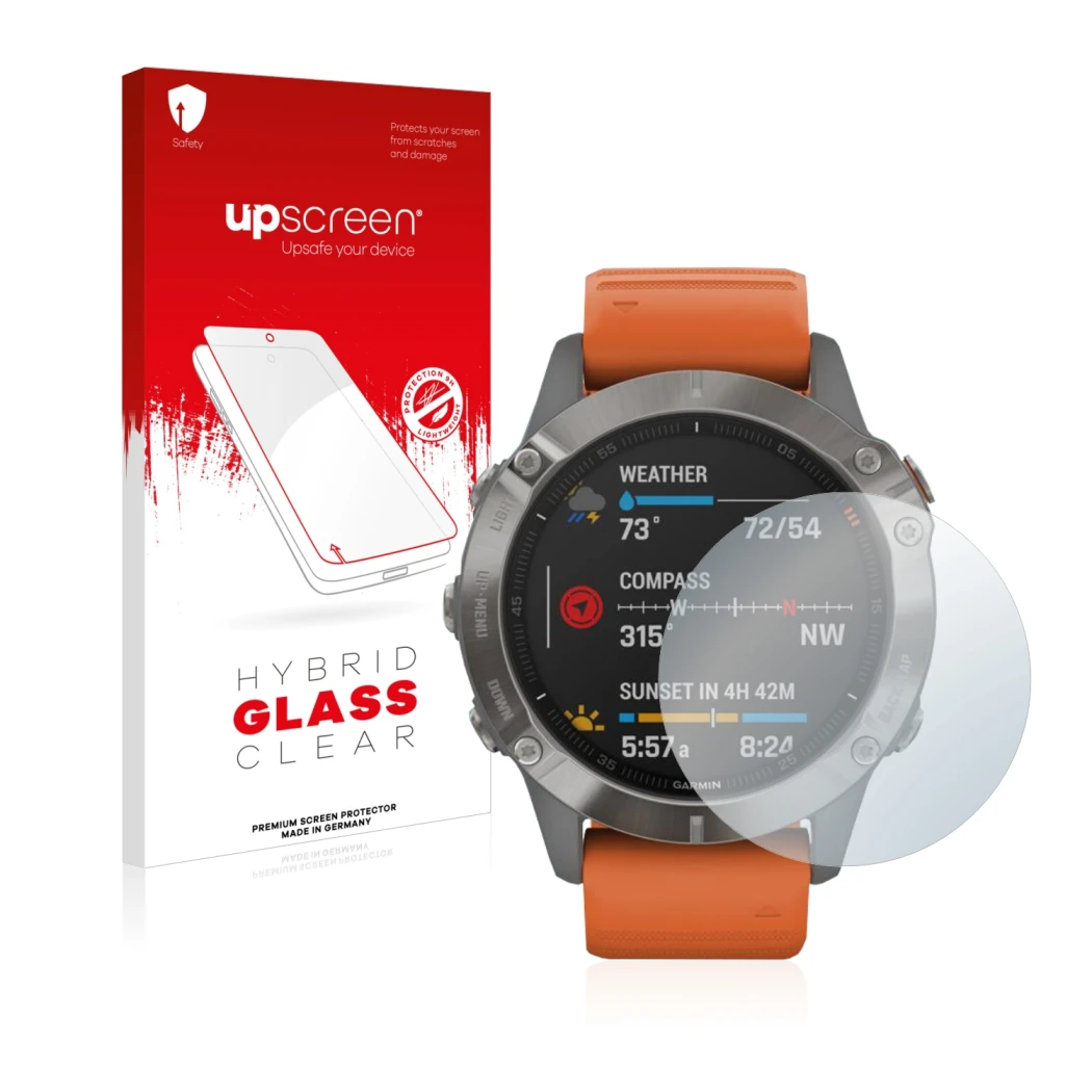 Parte frontal de un envase de producto con el logotipo de la marca upscreen. Al lado se muestra el dispositivo Garmin Fenix 6