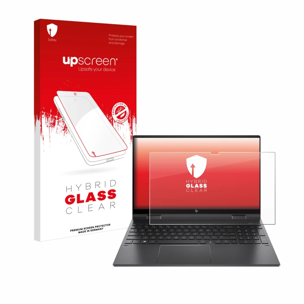 Parte frontal de un envase de producto con el logotipo de la marca upscreen. Al lado se muestra el dispositivo HP Envy x360 (1