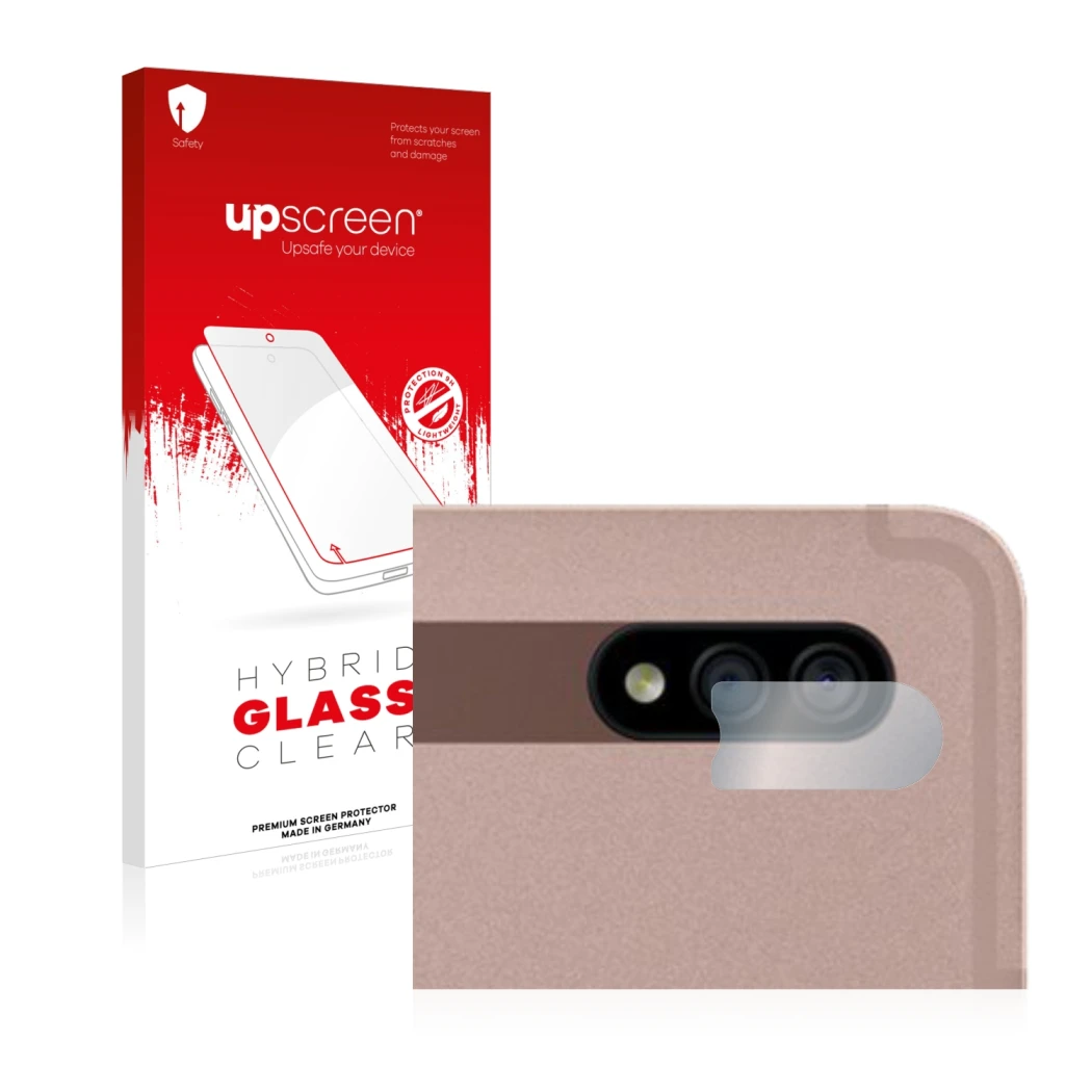 Parte frontal de un envase de producto con el logotipo de la marca upscreen. Al lado se muestra el dispositivo Samsung Galaxy 