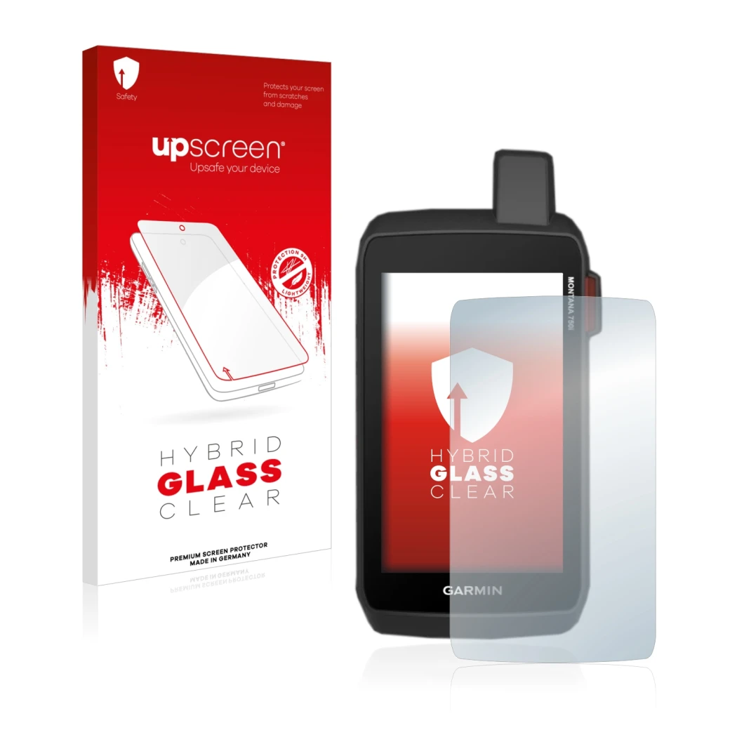 Parte frontal de un envase de producto con el logotipo de la marca upscreen. Al lado se muestra el dispositivo Garmin Montana 