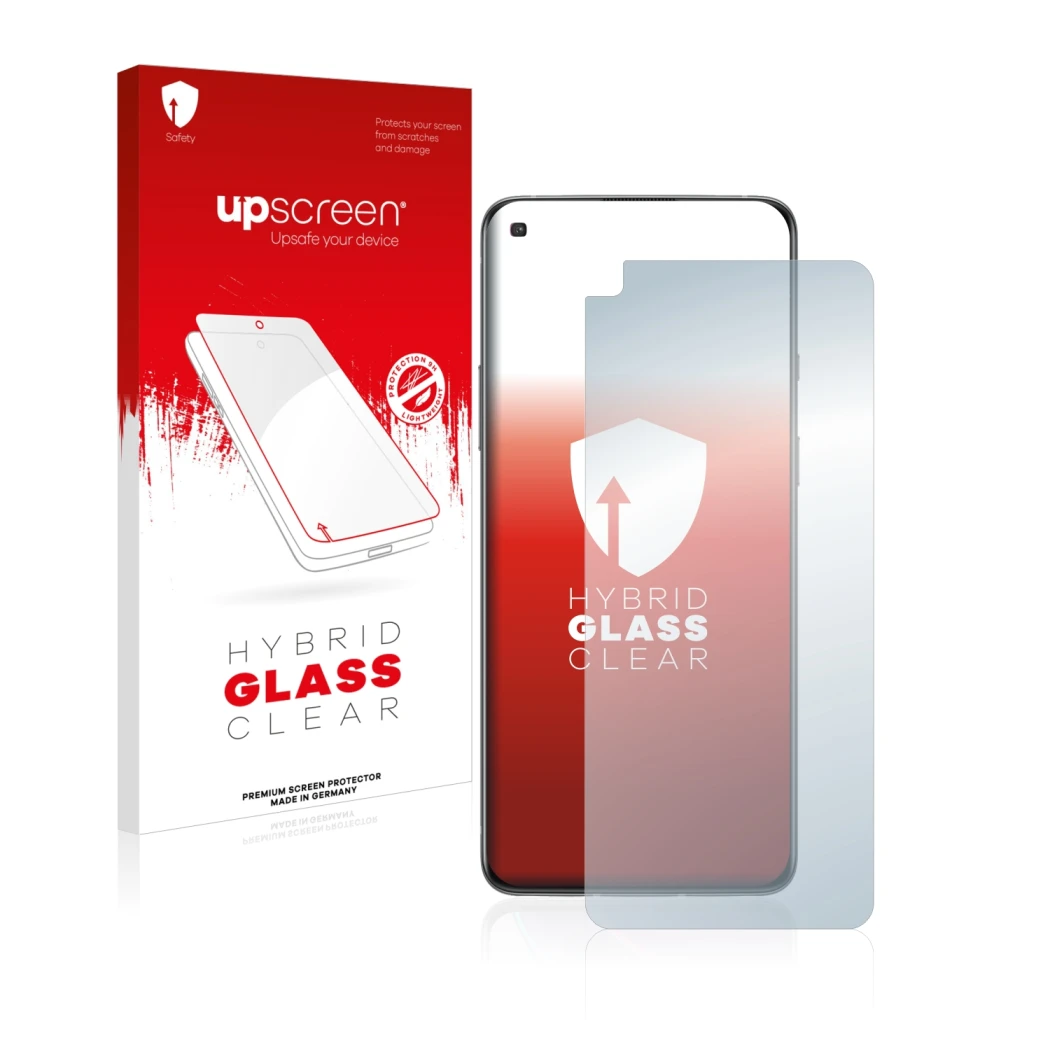 Parte frontal de un envase de producto con el logotipo de la marca upscreen. Al lado se muestra el dispositivo OnePlus 8T con 