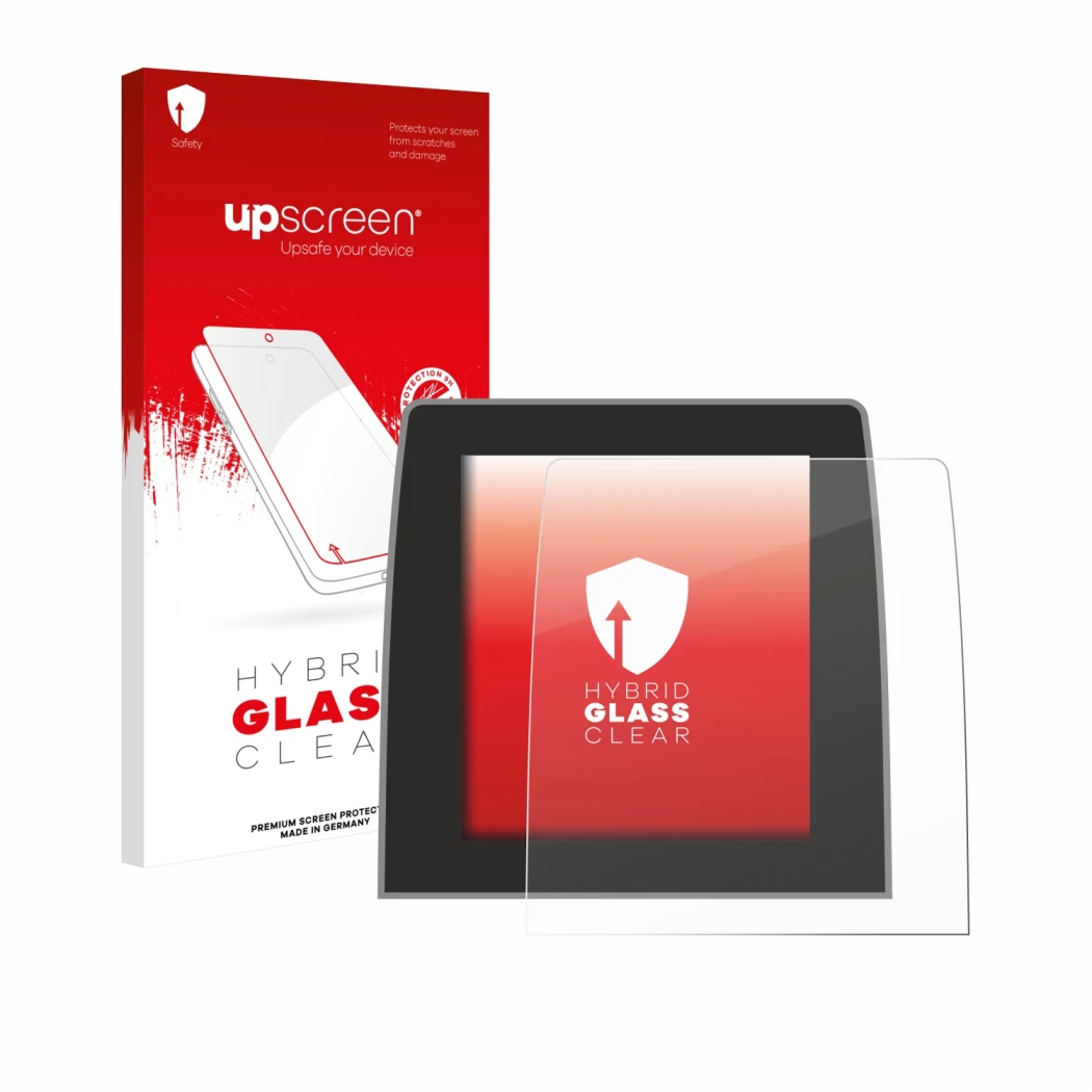 Parte frontal de un envase de producto con el logotipo de la marca upscreen. Al lado se muestra el dispositivo Renault Captur 