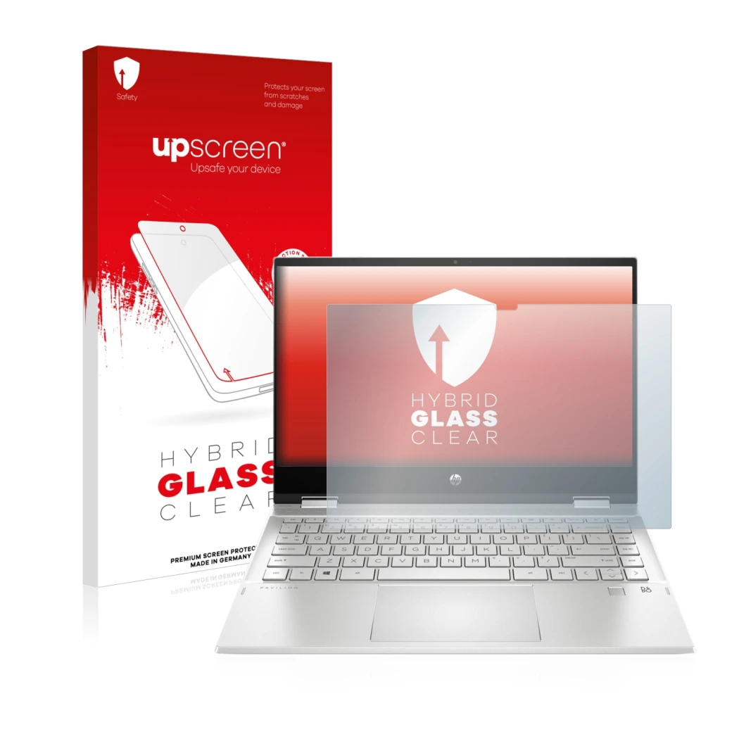 Parte frontal de un envase de producto con el logotipo de la marca upscreen. Al lado se muestra el dispositivo HP Pavilion x36