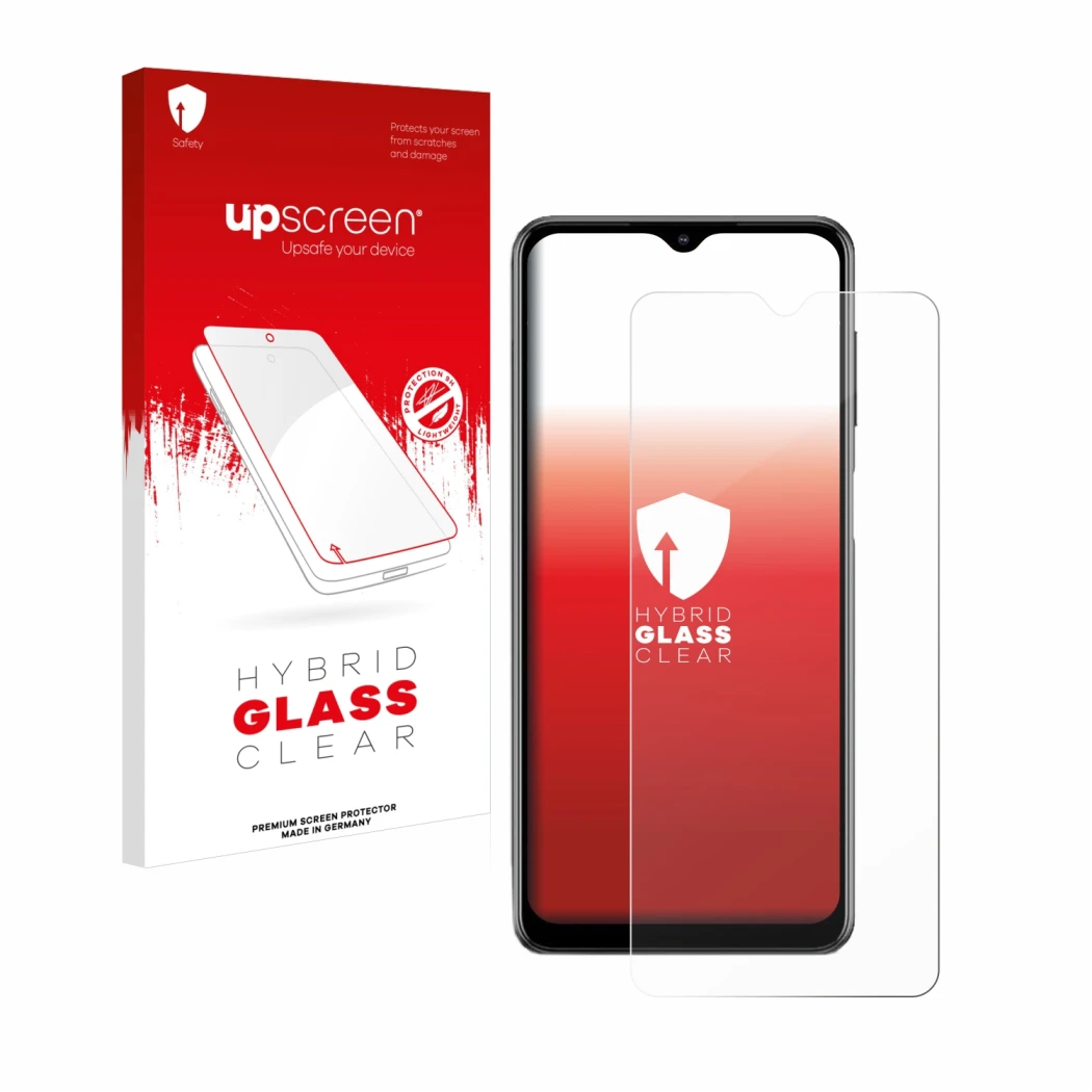 Parte frontal de un envase de producto con el logotipo de la marca upscreen. Al lado se muestra el dispositivo Samsung Galaxy 