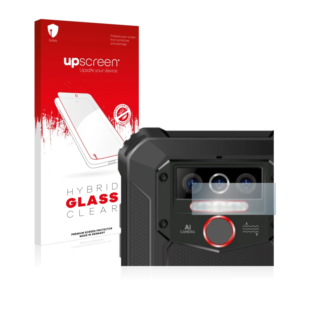 Parte frontal de un envase de producto con el logotipo de la marca upscreen. Al lado se muestra el dispositivo Oukitel WP5 Pro