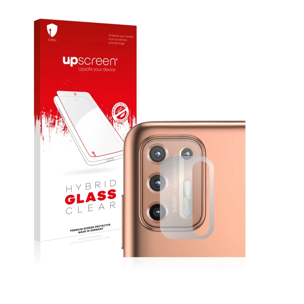 Parte frontal de un envase de producto con el logotipo de la marca upscreen. Al lado se muestra el dispositivo Motorola Moto G