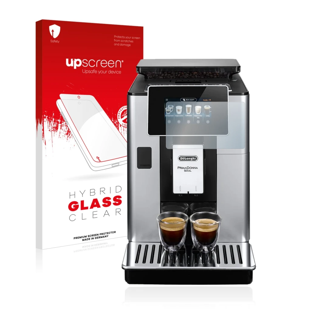 Parte frontal de un envase de producto con el logotipo de la marca upscreen. Al lado se muestra el dispositivo DeLonghi PrimaD