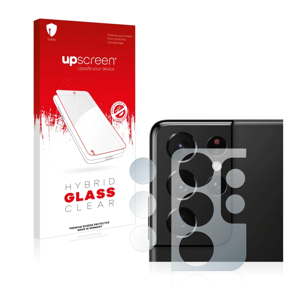 Parte frontal de un envase de producto con el logotipo de la marca upscreen. Al lado se muestra el dispositivo Samsung Galaxy