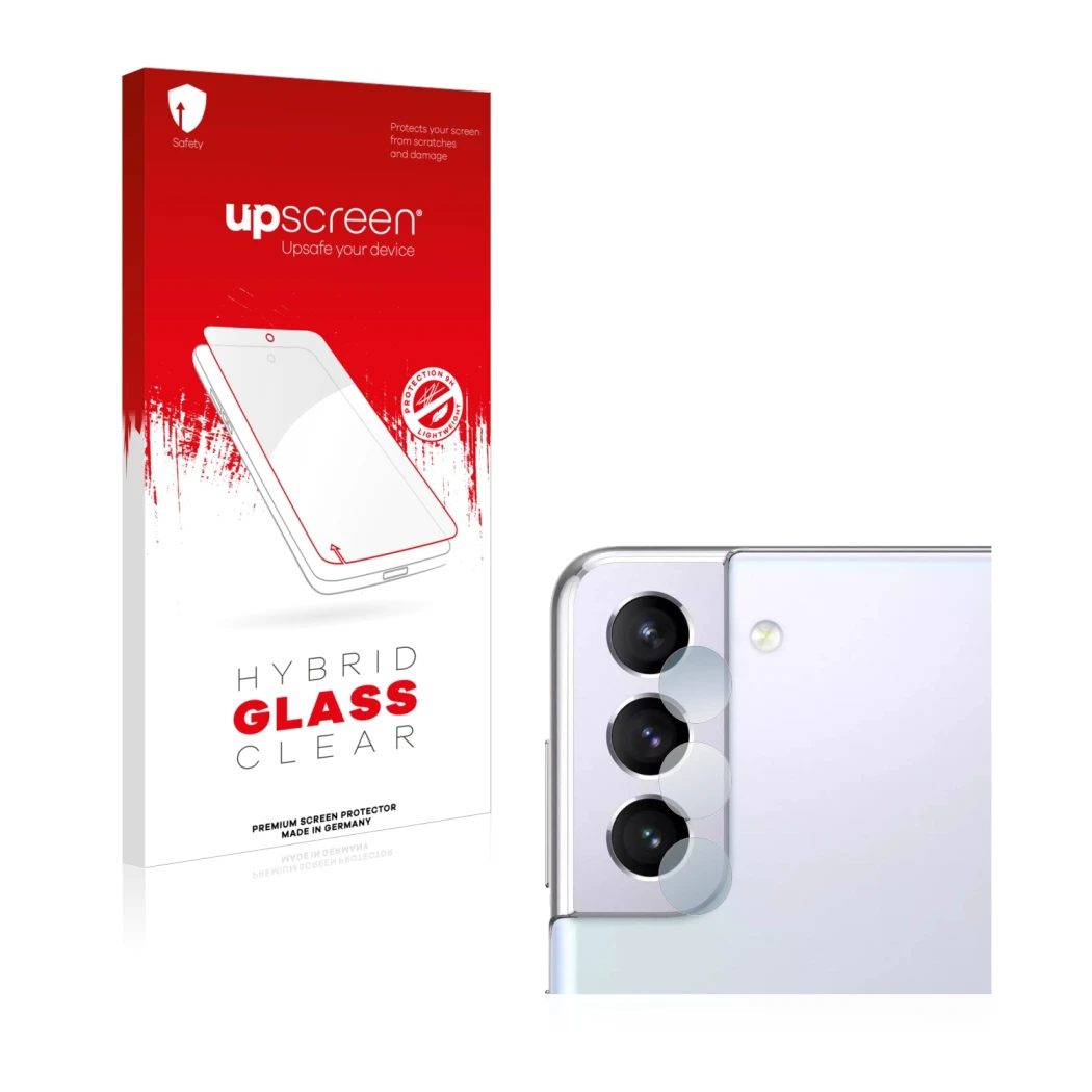 Parte frontal de un envase de producto con el logotipo de la marca upscreen. Al lado se muestra el dispositivo Samsung Galaxy