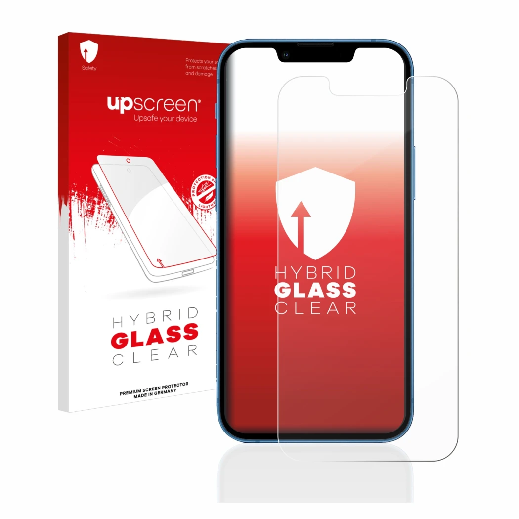 Parte frontal de un envase de producto con el logotipo de la marca upscreen. Al lado se muestra el dispositivo Apple iPhone 13