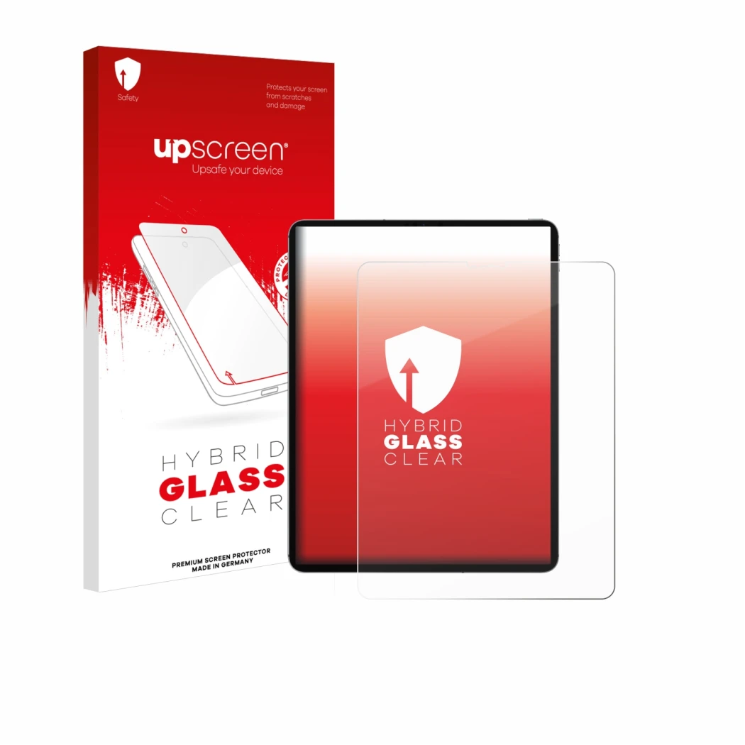 Parte frontal de un envase de producto con el logotipo de la marca upscreen. Al lado se muestra el dispositivo Apple iPad Pro