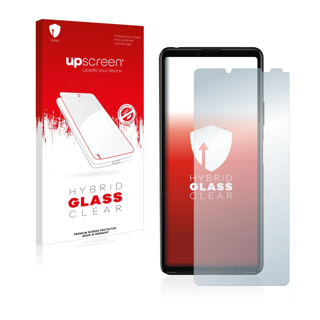 Parte frontal de un envase de producto con el logotipo de la marca upscreen. Al lado se muestra el dispositivo Sony Xperia 10 
