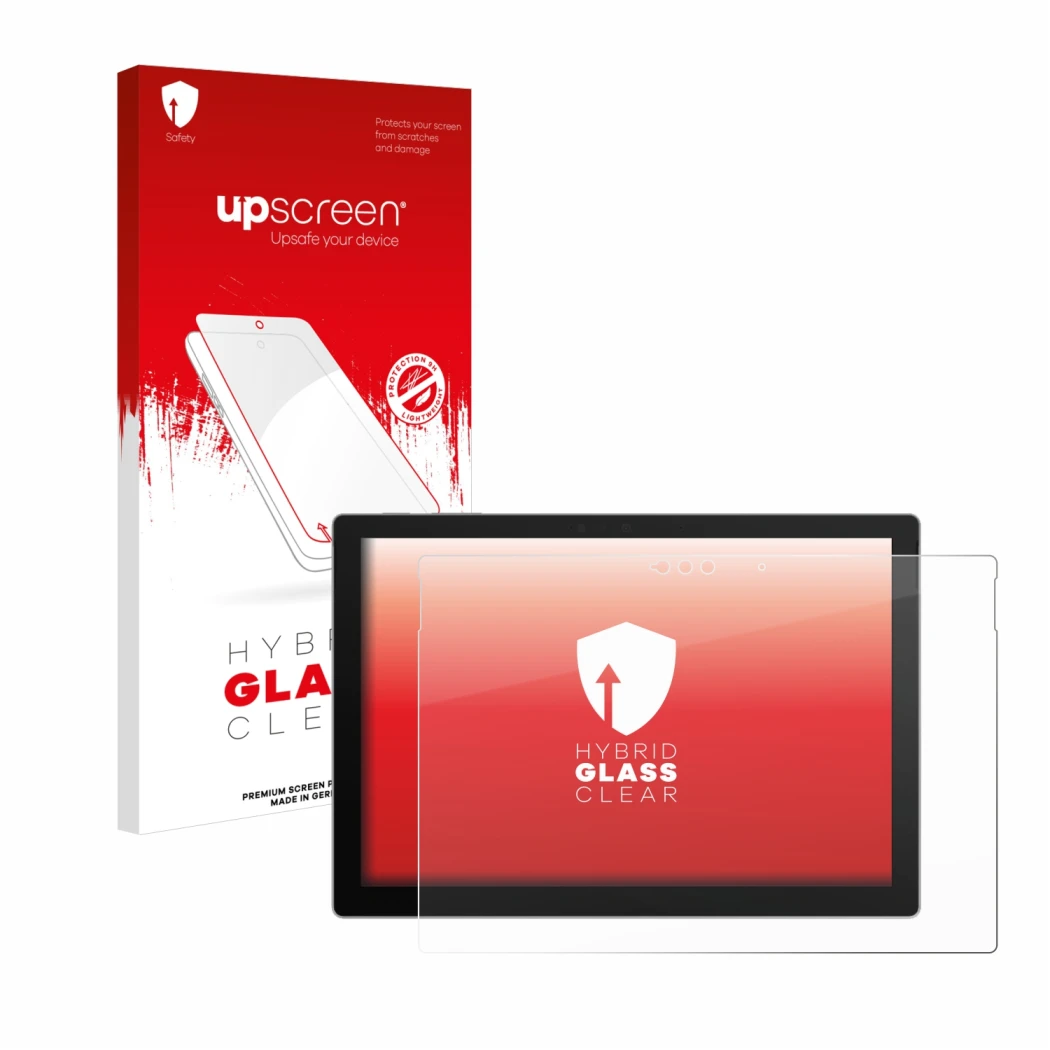 Parte frontal de un envase de producto con el logotipo de la marca upscreen. Al lado se muestra el dispositivo Microsoft Surfa