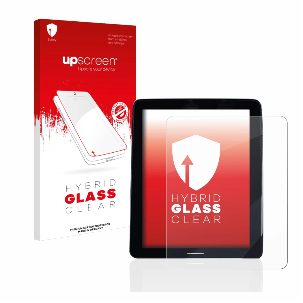 Parte frontal de un envase de producto con el logotipo de la marca upscreen. Al lado se muestra el dispositivo Volvo Polestar 