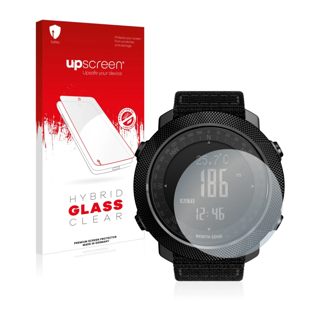 Parte frontal de un envase de producto con el logotipo de la marca upscreen. Al lado se muestra el dispositivo North Edge Apac