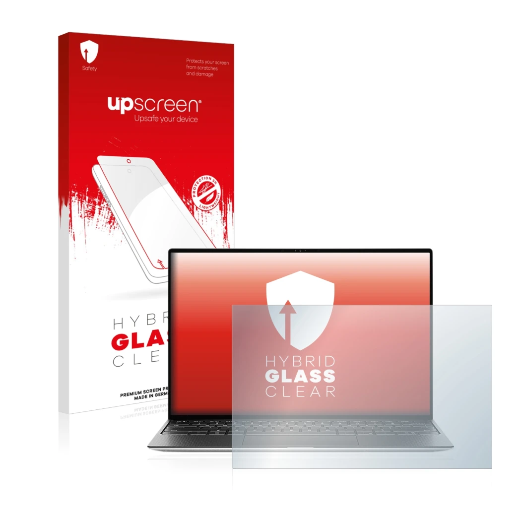 Parte frontal de un envase de producto con el logotipo de la marca upscreen. Al lado se muestra el dispositivo Dell XPS 13 931