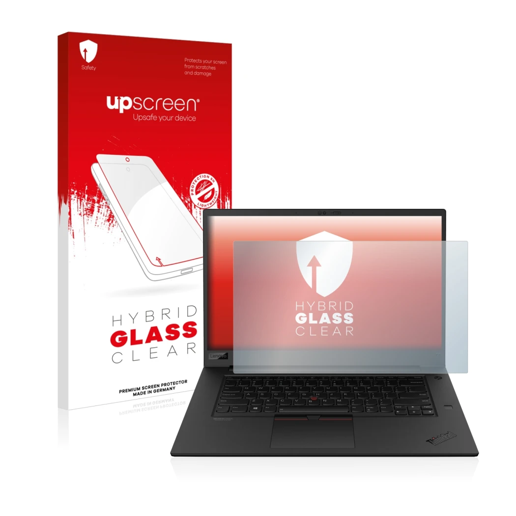 Parte frontal de un envase de producto con el logotipo de la marca upscreen. Al lado se muestra el dispositivo Lenovo ThinkPad