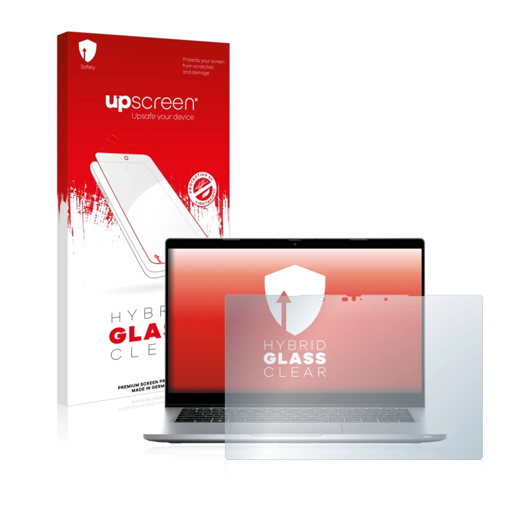 Parte frontal de un envase de producto con el logotipo de la marca upscreen. Al lado se muestra el dispositivo Dell Latitude 5