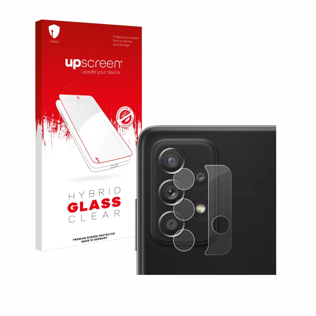Parte frontal de un envase de producto con el logotipo de la marca upscreen. Al lado se muestra el dispositivo Samsung Galaxy 