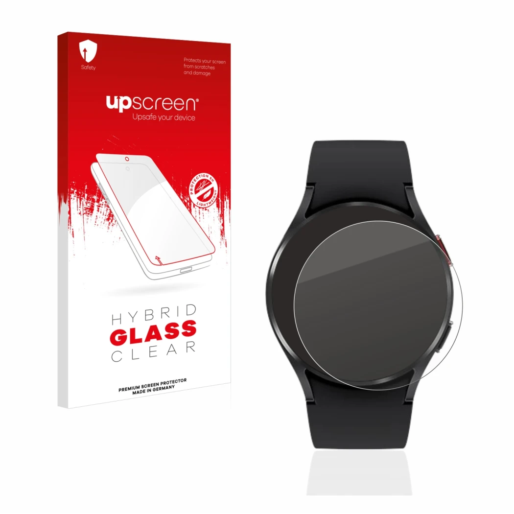 Parte frontal de un envase de producto con el logotipo de la marca upscreen. Al lado se muestra el dispositivo Samsung Galaxy 