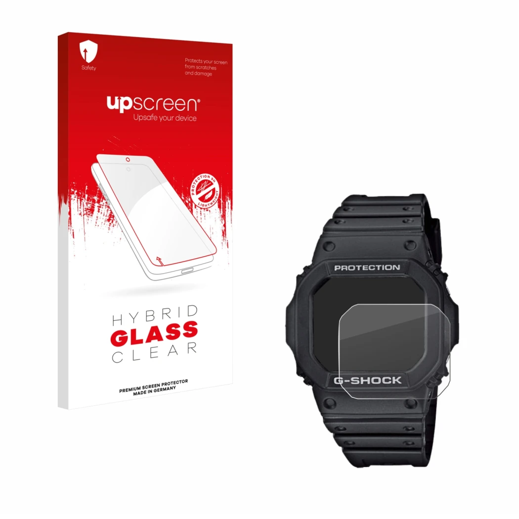 Parte frontal de un envase de producto con el logotipo de la marca upscreen. Al lado se muestra el dispositivo Casio G-Shock G