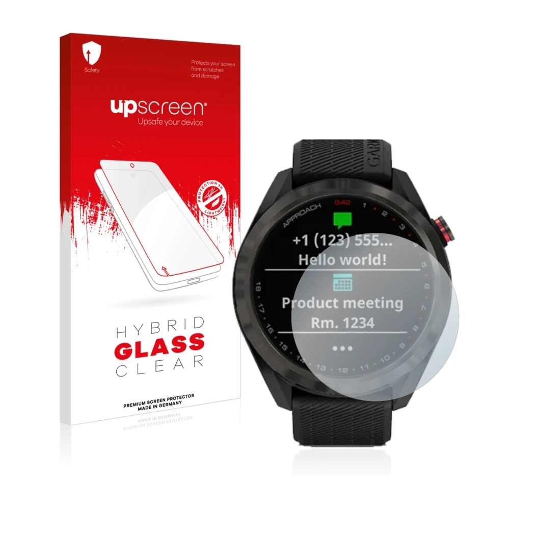 Parte frontal de un envase de producto con el logotipo de la marca upscreen. Al lado se muestra el dispositivo Garmin Approach