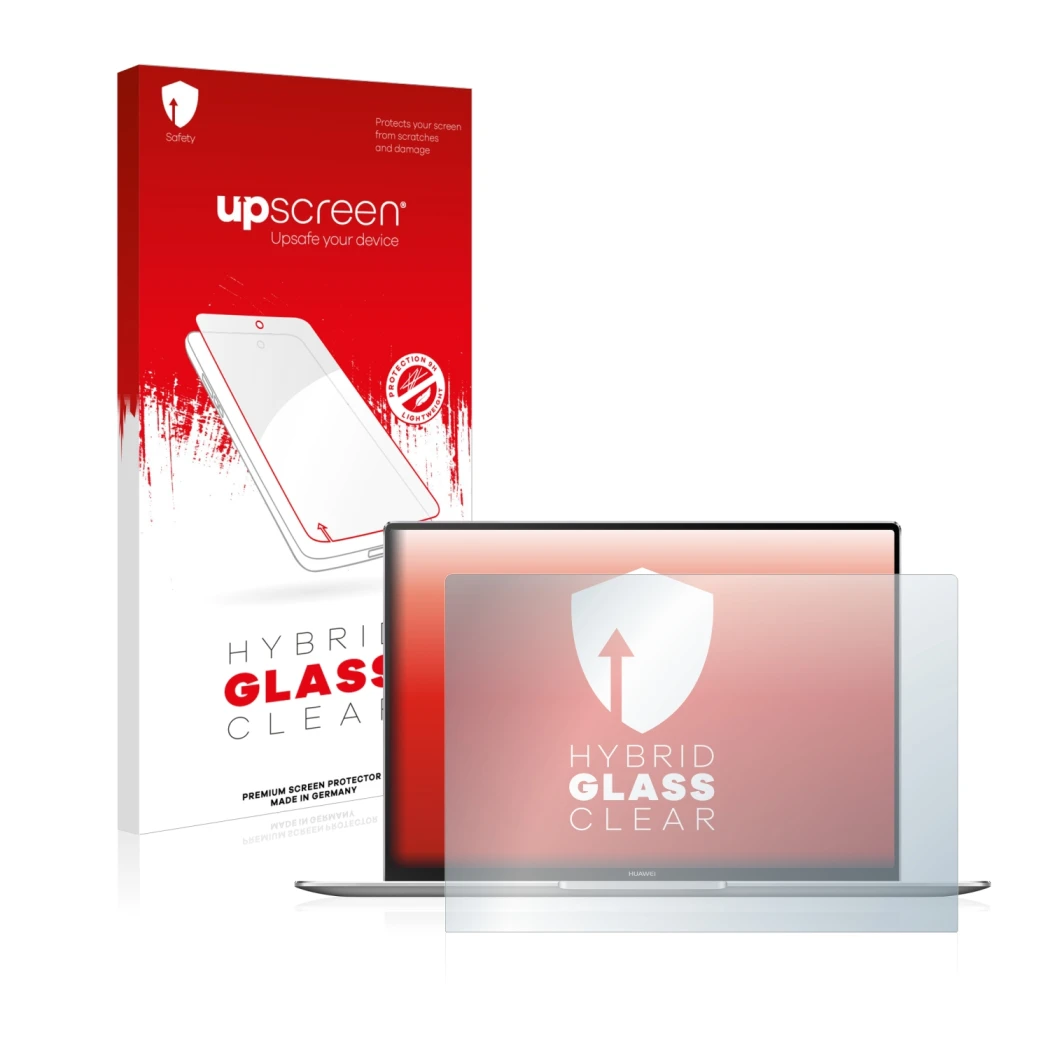 Parte frontal de un envase de producto con el logotipo de la marca upscreen. Al lado se muestra el dispositivo Huawei MateBook