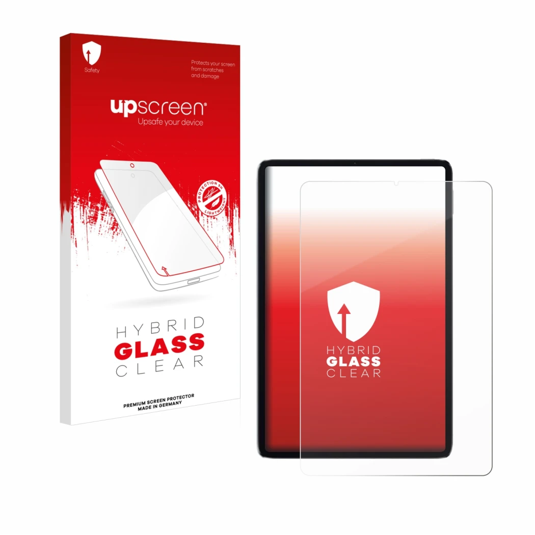 Parte frontal de un envase de producto con el logotipo de la marca upscreen. Al lado se muestra el dispositivo Xiaomi Mi Pad 5