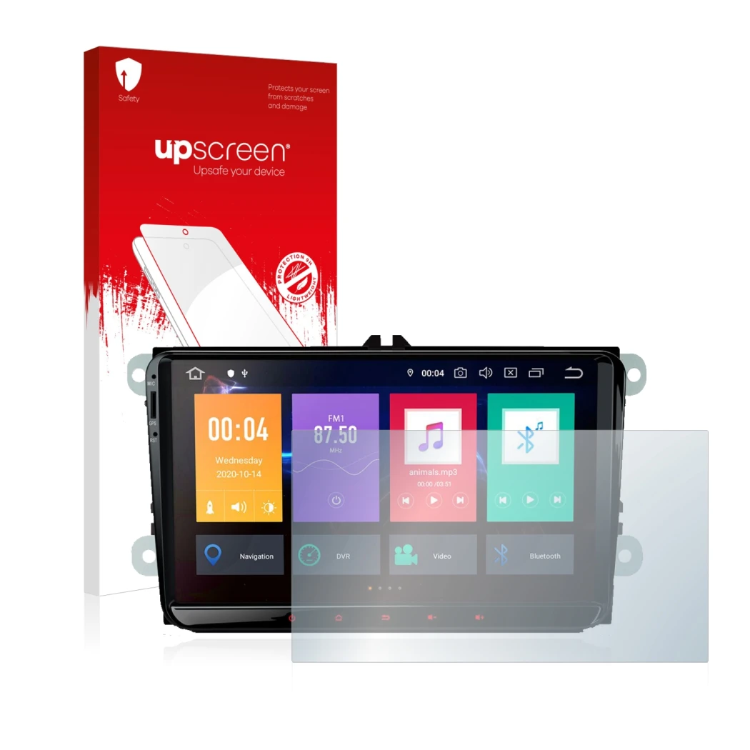 Parte frontal de un envase de producto con el logotipo de la marca upscreen. Al lado se muestra el dispositivo Xtrons PBE90MTV