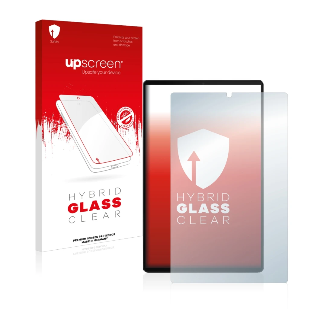 Parte frontal de un envase de producto con el logotipo de la marca upscreen. Al lado se muestra el dispositivo Lenovo Tab M10 