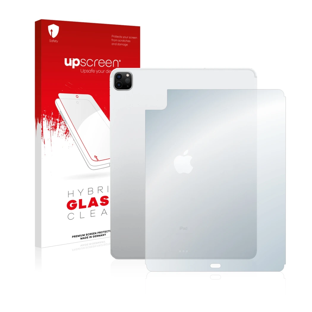Parte frontal de un envase de producto con el logotipo de la marca upscreen. Al lado se muestra el dispositivo Apple iPad 12.9