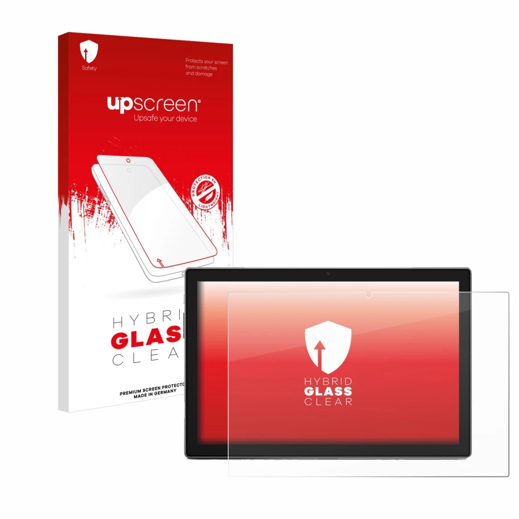 Parte frontal de un envase de producto con el logotipo de la marca upscreen. Al lado se muestra el dispositivo Blackview Tab 9