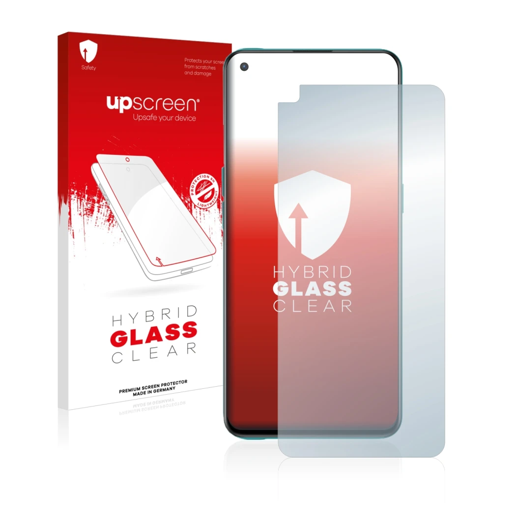 Parte frontal de un envase de producto con el logotipo de la marca upscreen. Al lado se muestra el dispositivo OnePlus Nord CE