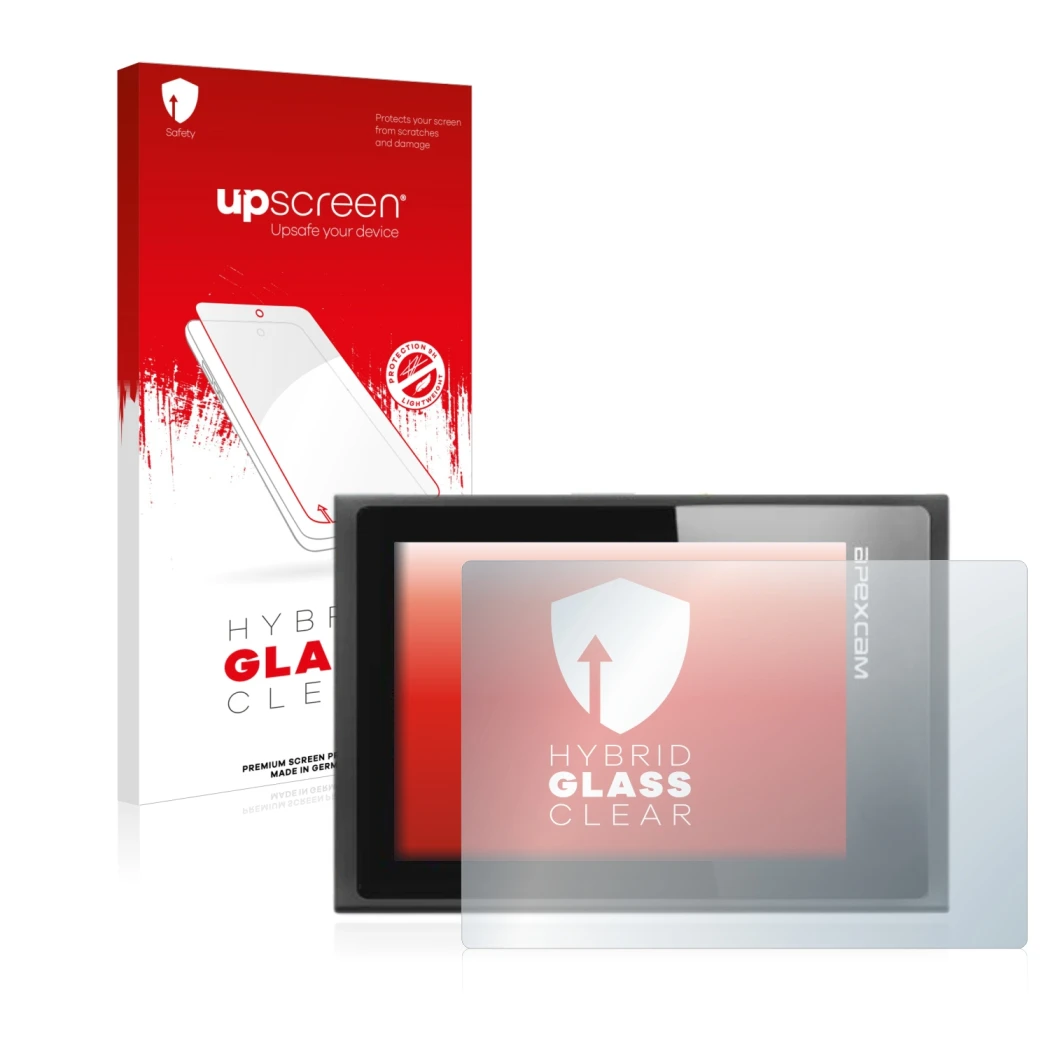 Parte frontal de un envase de producto con el logotipo de la marca upscreen. Al lado se muestra el dispositivo Apexcam ‎M80 Ai