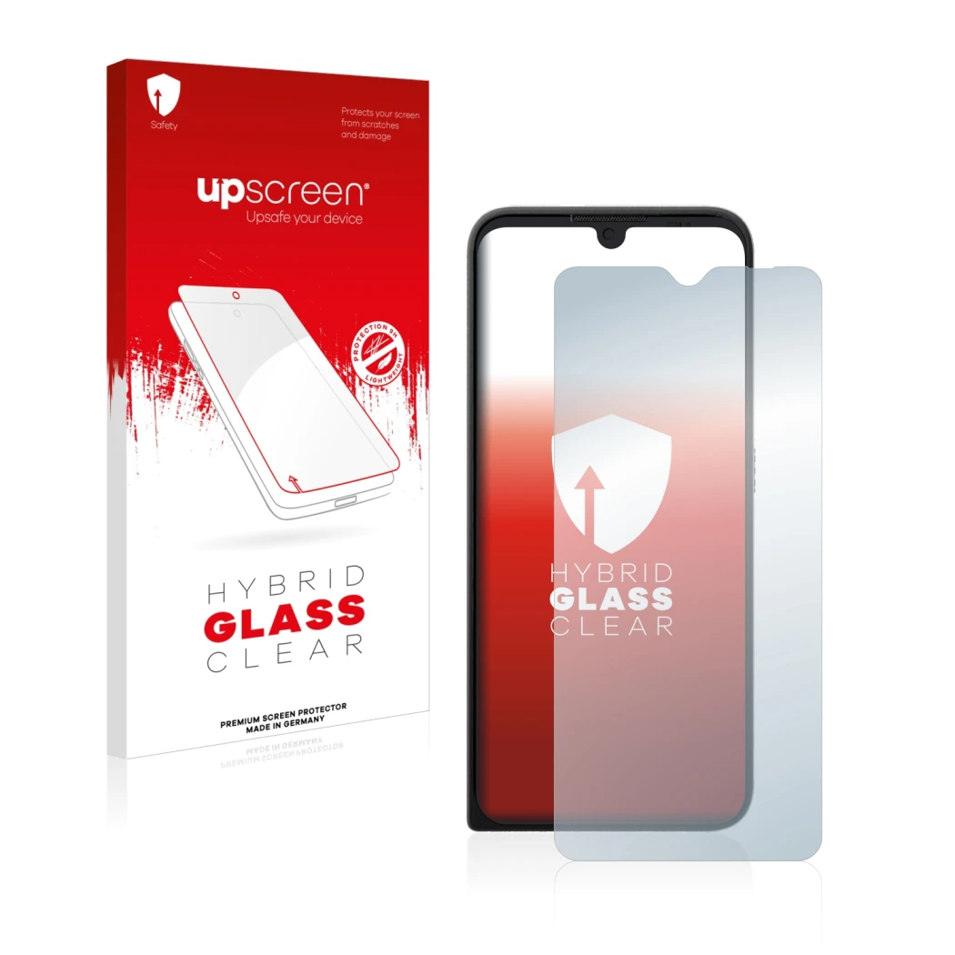 Parte frontal de un envase de producto con el logotipo de la marca upscreen. Al lado se muestra el dispositivo Motorola Defy 2