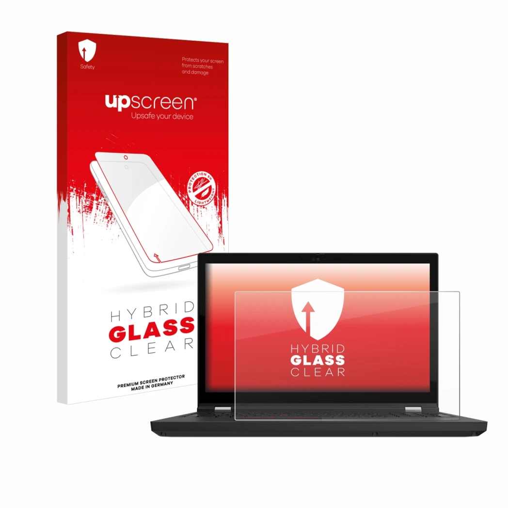 Parte frontal de un envase de producto con el logotipo de la marca upscreen. Al lado se muestra el dispositivo Lenovo ThinkPad