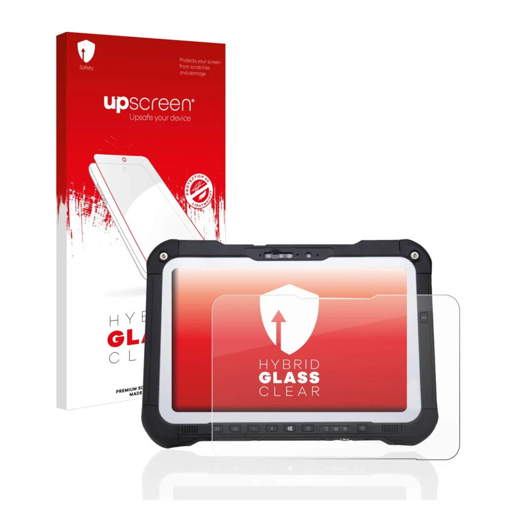 Parte frontal de un envase de producto con el logotipo de la marca upscreen. Al lado se muestra el dispositivo Panasonic Tough