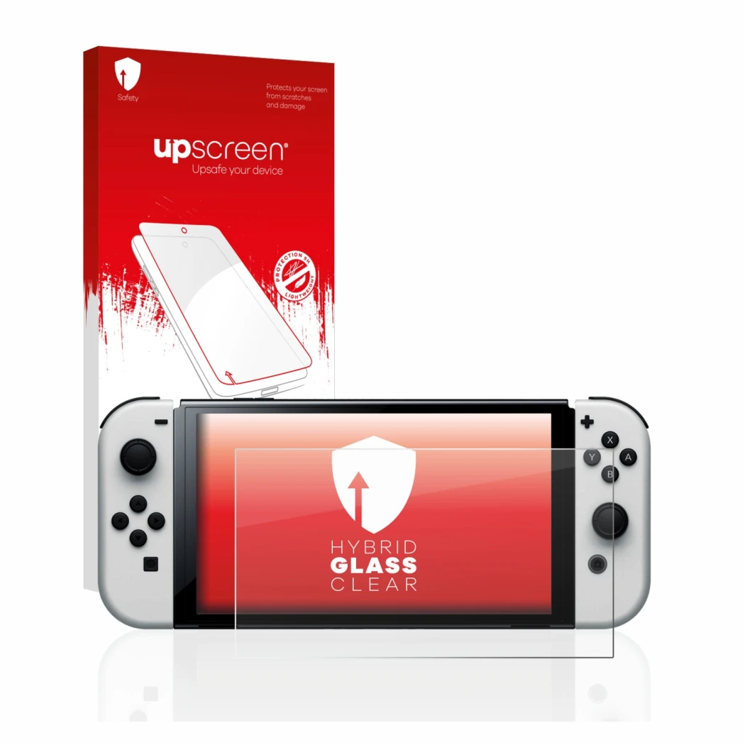 Parte frontal de un envase de producto con el logotipo de la marca upscreen. Al lado se muestra el dispositivo Nintendo Switch