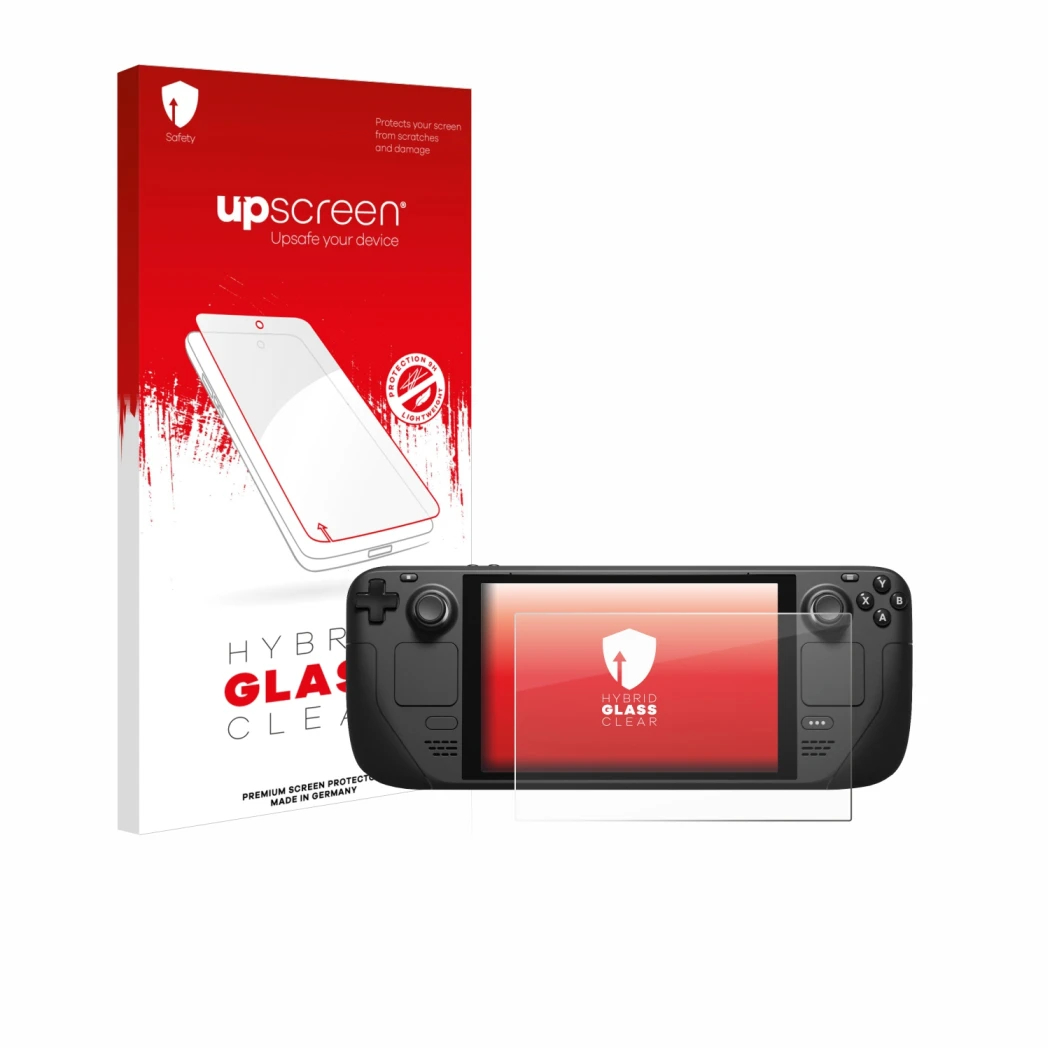 Parte frontal de un envase de producto con el logotipo de la marca upscreen. Al lado se muestra el dispositivo Valve Steam Dec