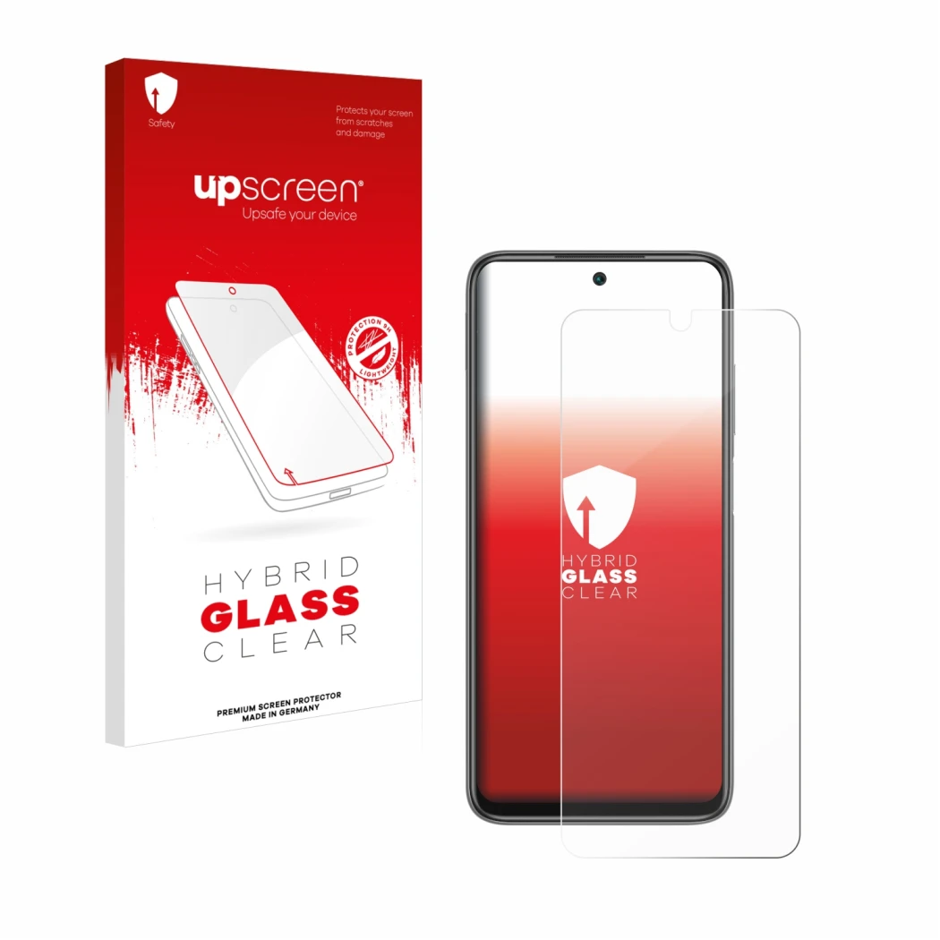 Parte frontal de un envase de producto con el logotipo de la marca upscreen. Al lado se muestra el dispositivo Xiaomi Redmi 10