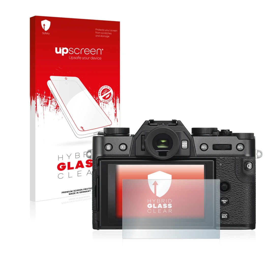 Parte frontal de un envase de producto con el logotipo de la marca upscreen. Al lado se muestra el dispositivo Fujifilm X-T30 