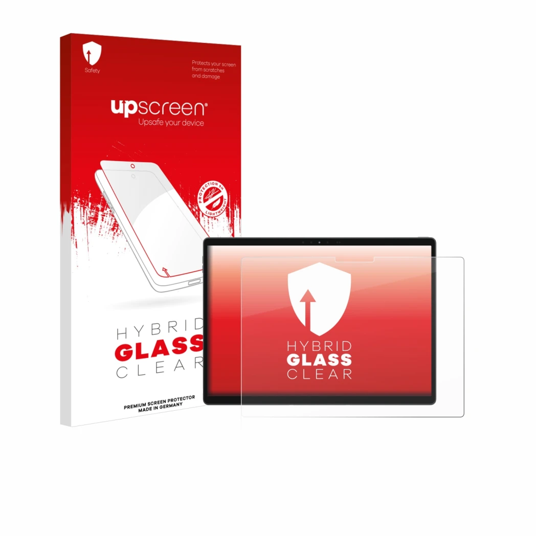 Parte frontal de un envase de producto con el logotipo de la marca upscreen. Al lado se muestra el dispositivo Dell Latitude 7