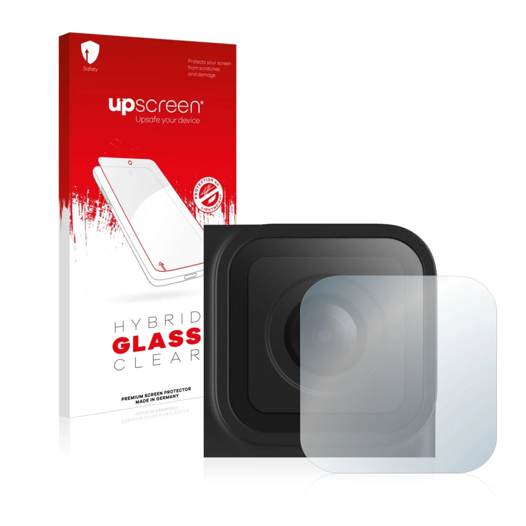 Parte frontal de un envase de producto con el logotipo de la marca upscreen. Al lado se muestra el dispositivo GoPro Hero 10 B