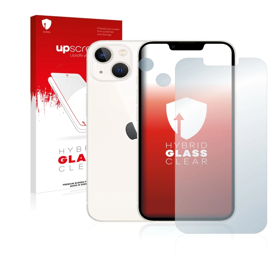 Parte frontal de un envase de producto con el logotipo de la marca upscreen. Al lado se muestra el dispositivo Apple iPhone 13