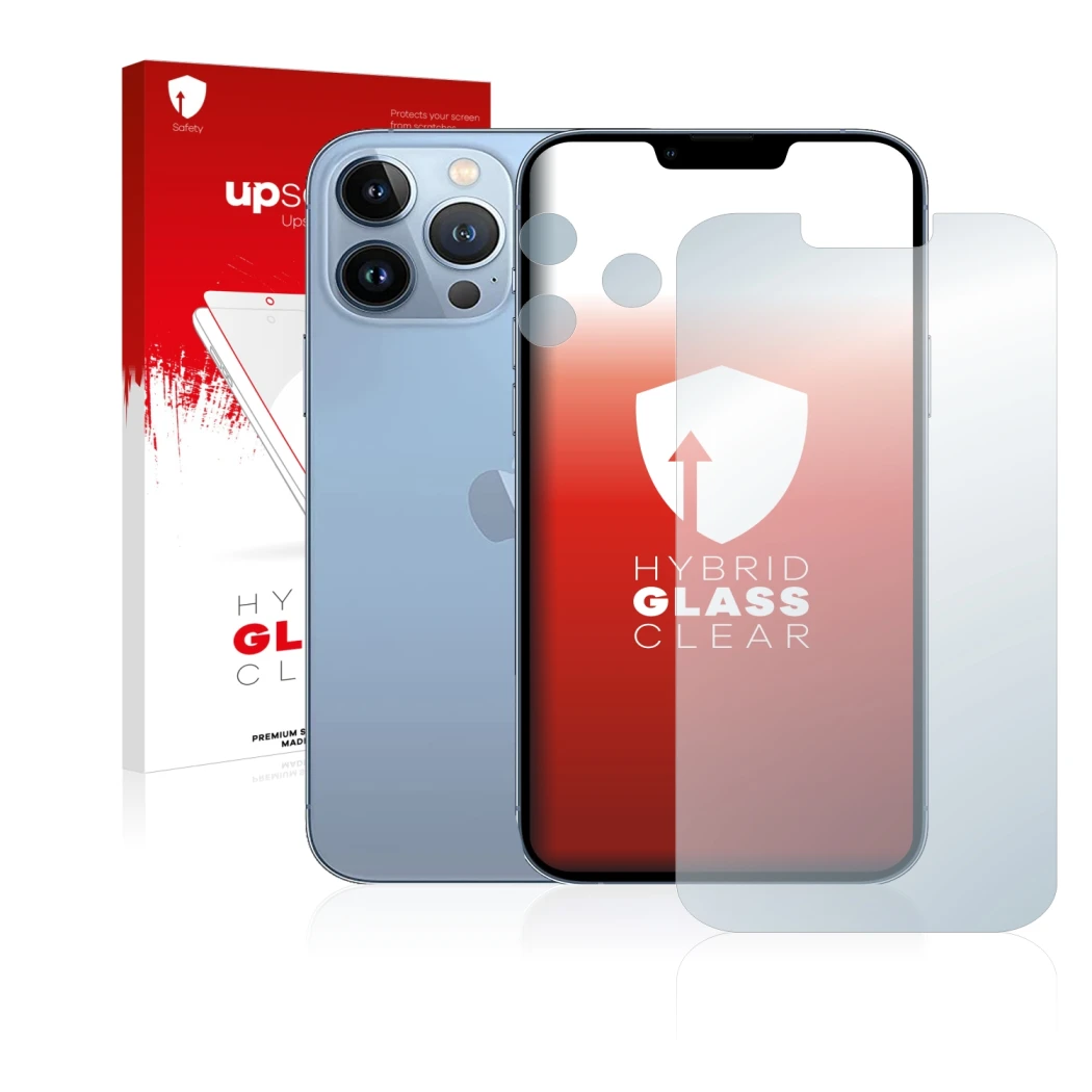 Parte frontal de un envase de producto con el logotipo de la marca upscreen. Al lado se muestra el dispositivo Apple iPhone 13